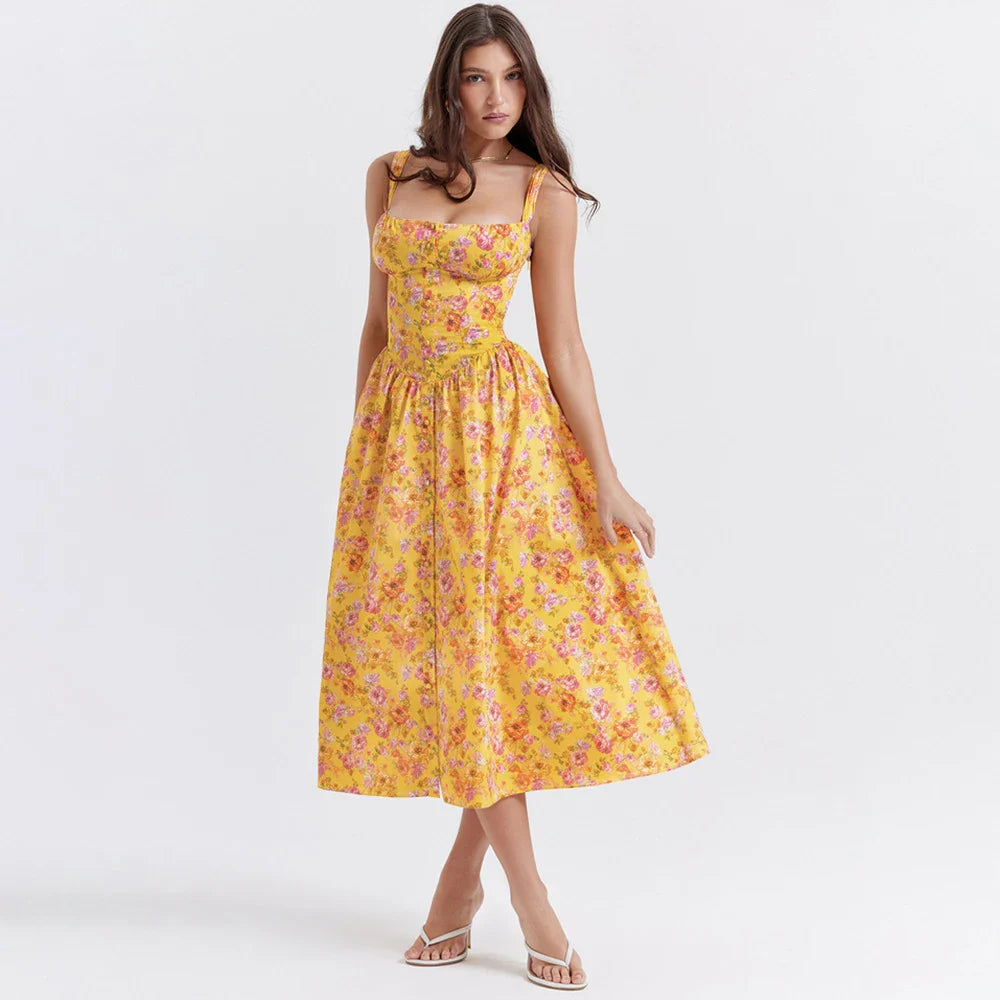 Summer Dress New Arrivals Casual Yellow Floral Print Dress Elegant Lace Up Party Dresses Sexy Women's Clothing