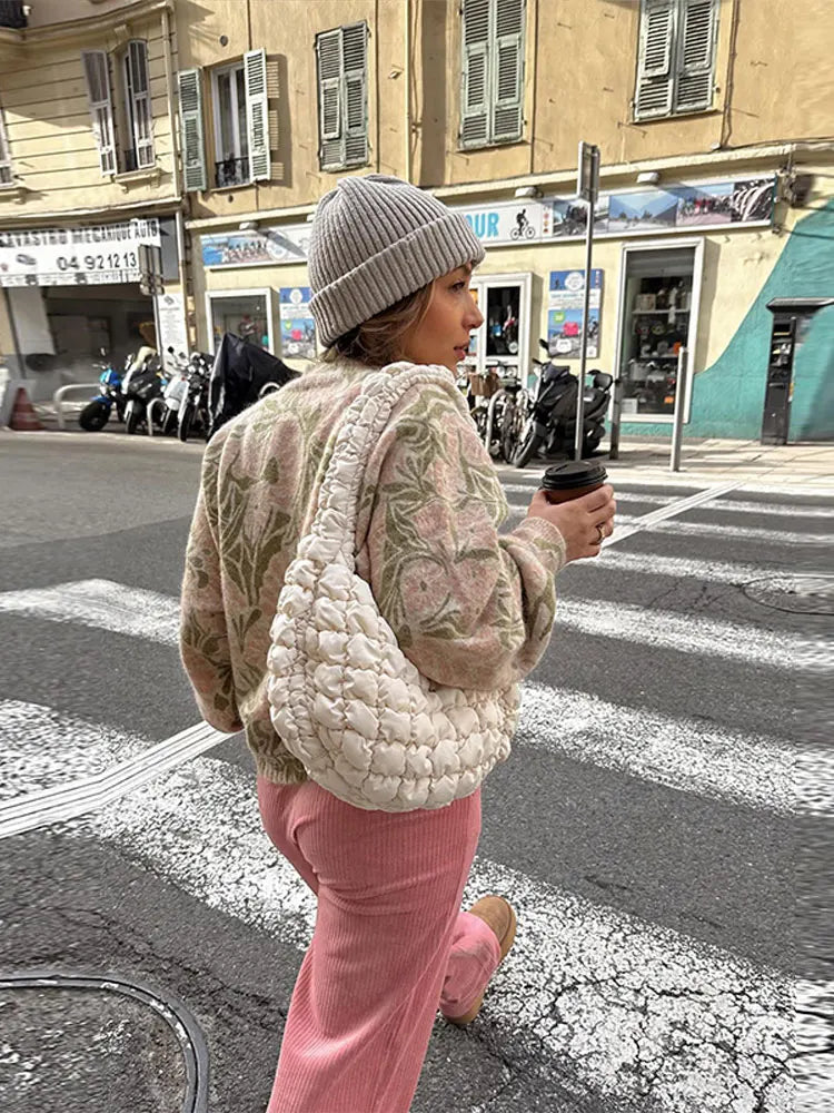 maoxiangshop -  Fashion Flower Printed Knitted Sweater For Women Round Neck Long Sleeves Loose Pullover Autumn Winter Lady High Street Jumper