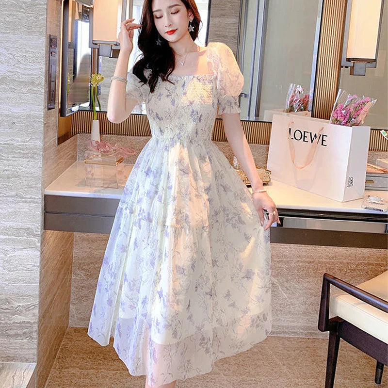 maoxiangshop Summer White Chiffon Long Dress Casual Floral Party Dress Elegant Short Sleeve Fairy Dresses for Women Sweet Clothing