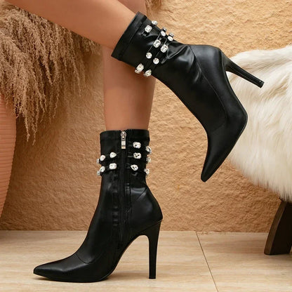 maoxiangshop  -  Fashion Crystal Diamond Ankle Boots Women Spring Winter Sexy Pointed Toe Thin High Heels Zip Soft Leather Chelsea Botas Mujer