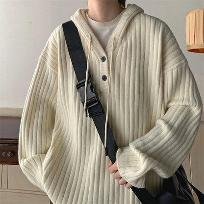 maoxiangshop Winter Clothing Men's Luxury Knitted Hooded Pullover Sweater Casual Streetwear Button-down Solid Color Long Sleeve Hoodie