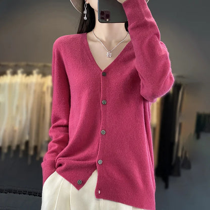 maoxiangshop New Fashion Spring Autumn 100% Merino Wool Women's V-neck Cardigan Cashmere Sweater 2024 Female Knitwear Clothing Korean Tops