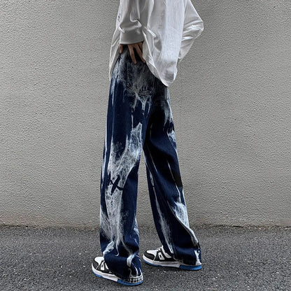 maoxiangshop Tie-dye Jeans Men High Street Straight Denim Pants Men Baggy Fashion Trend Jean Pants Mens Wide-leg Trousers BF Clothing