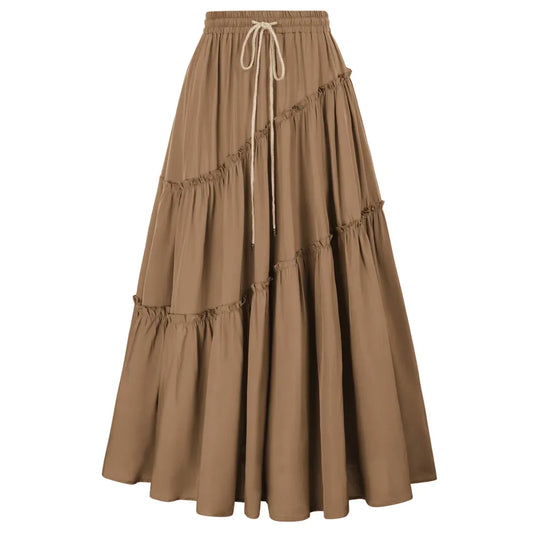 maoxiangshop  Women Skirts Vintage Renaissance Tiered Swing Skirt Solid Casual Adjustable Drawstring Waist Maxi Skirt Large Hem Skirt