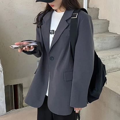 maoxiangshop Korean Style Gray Blazer for Women Spring Autumn Long Sleeve Loose Suit Coat Woman Single Breasted Chic Jackert Female