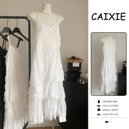 White Dress Elegant Summer Soft And Flowing Hem Cloud Oversized Cake Skirt French Square Neck Slimming Dress Femme