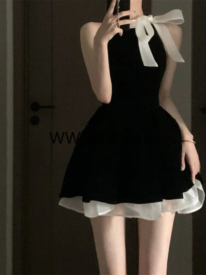 maoxiangshop Sexy Dress Woman Bow Bandage Sleeveless Slim Patchwork Black Mini Dresses Puffy Elegant Vintage Ladies Summer Fashion Chic