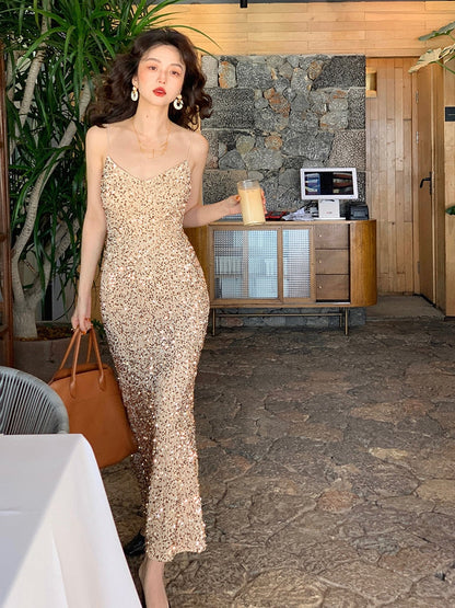 maoxiangshop Maxi Long Sequin Dress Sexy Red Glitter Bodycon Wedding Guest Birthday Party Dresses Elegant Occasion Dress for Women