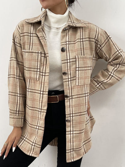 Autumn Spring Vintag Plaid Shirt Women Casual White Long Sleeve Pocket Collared Shirts Top Clothes Fashion New Fall