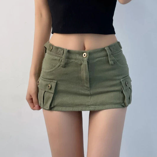 maoxiangshop Denim Cargo Mini Skirt Women Korean Style Low Waist Slim Sexy Vintage Streetwear Green Jean Skirt Y2k Girl Summer