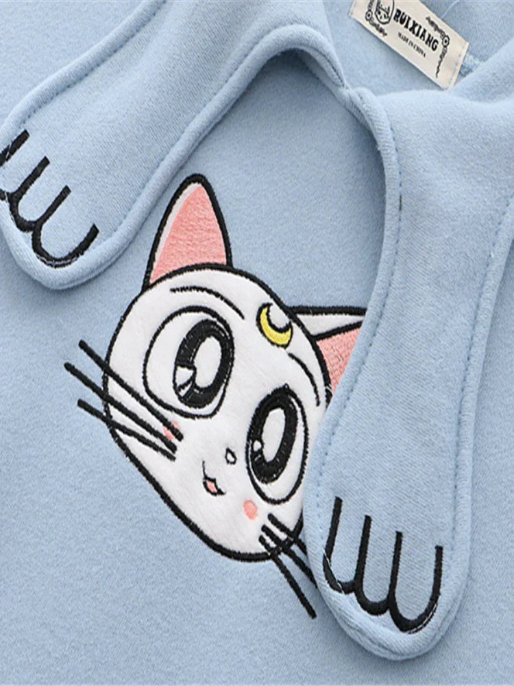maoxiangshop Women's Hoodies Sweatshirt With Ears On Hood Cat Embroidery Cute Harajuku Fleece Hoodie Hooded Clothes Pullovers