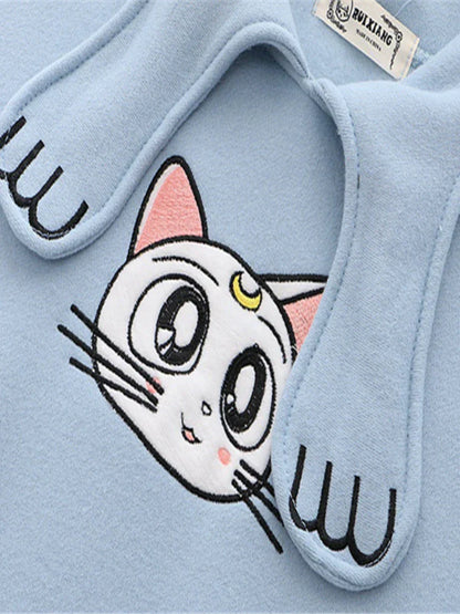 maoxiangshop Women's Hoodies Sweatshirt With Ears On Hood Cat Embroidery Cute Harajuku Fleece Hoodie Hooded Clothes Pullovers