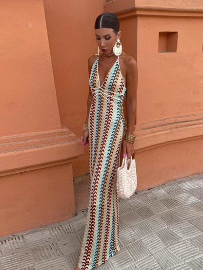 Vintage Knit Striped Maxi Dress Women Sexy V-neck Backless Sleeveless Lace Up Female Dresses 2024 Summer Elegant Lady Beach Robe