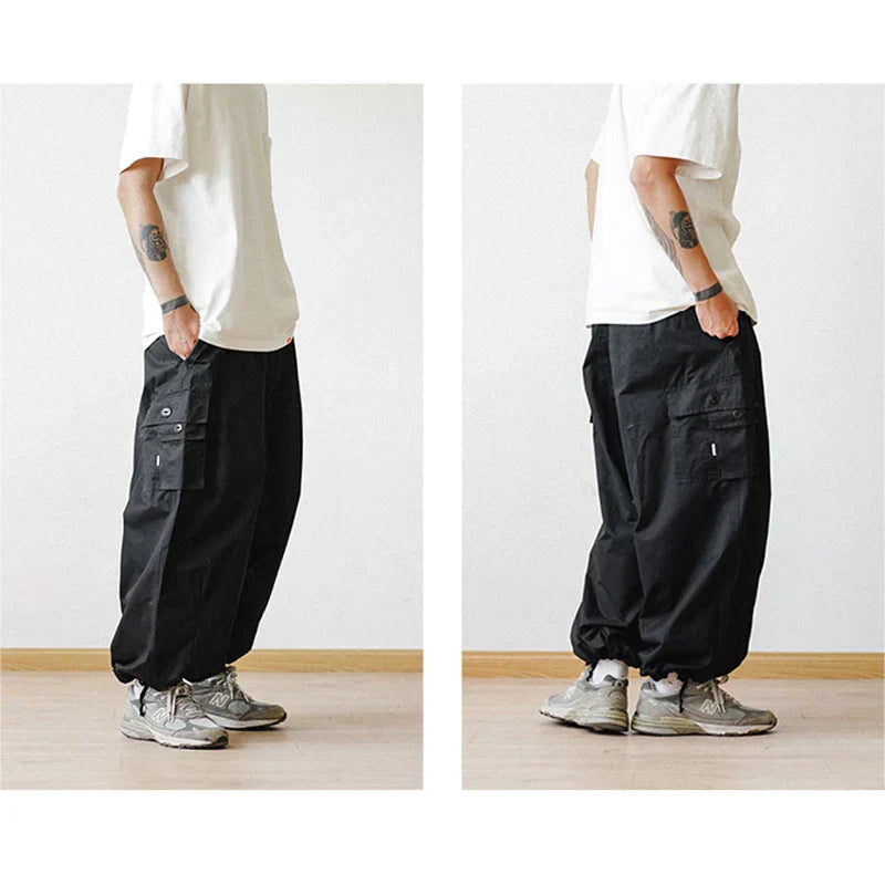 maoxiangshop Multi-Pocket Cargo Pants Men's Casual Solid Colour Straight Pants Baggy Wide-leg Cropped Pants Men Ankle-length Pants