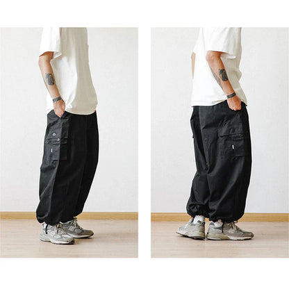 maoxiangshop Multi-Pocket Cargo Pants Men's Casual Solid Colour Straight Pants Baggy Wide-leg Cropped Pants Men Ankle-length Pants