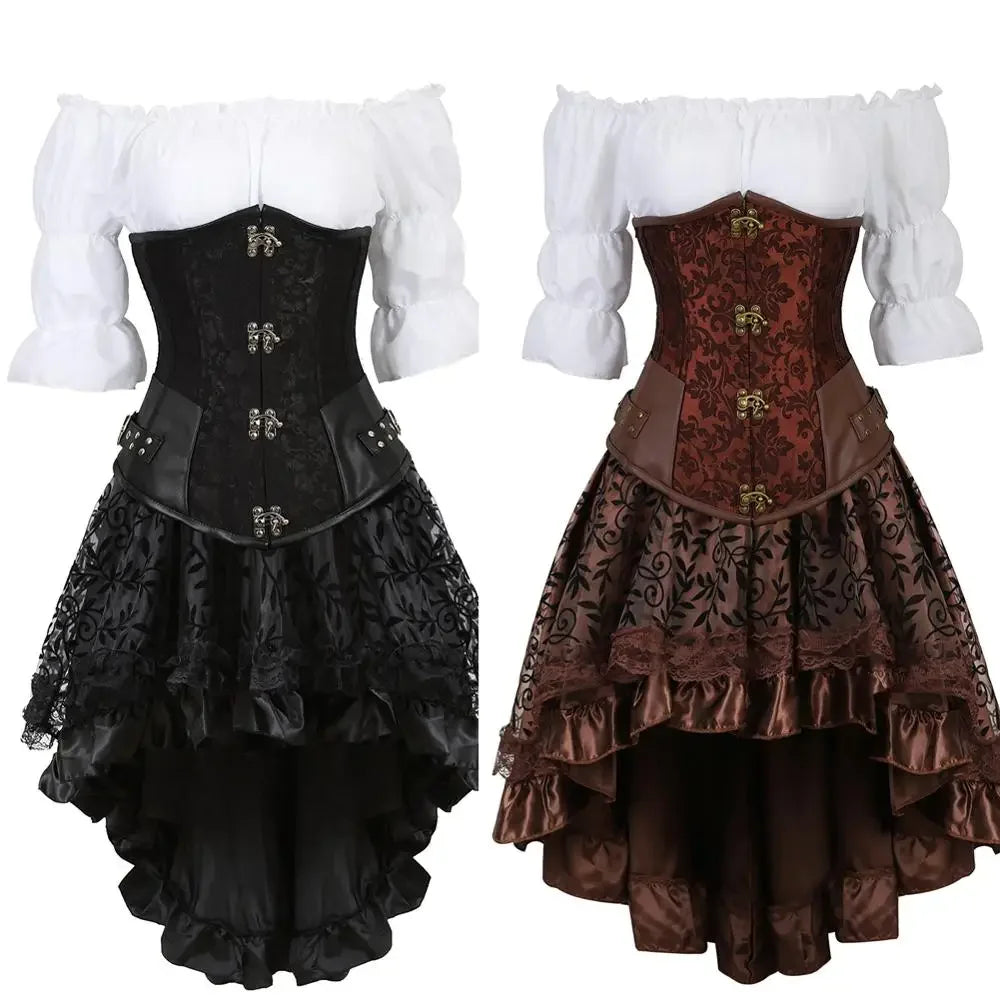 maoxiangshop  -  Leather Corset Plus Size 3 Piece Outfits for Women Steampunk Steel Boned Bustier Underbust Skirt Blouse Set Pirate Rave Costume
