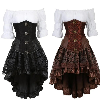 maoxiangshop  -  Leather Corset Plus Size 3 Piece Outfits for Women Steampunk Steel Boned Bustier Underbust Skirt Blouse Set Pirate Rave Costume
