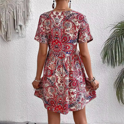 maoxiangshop 2024 Summer New Women Ethnic Graphic Print Dress Beach Bohemian Sundress V Neck Short Sleeve Dress Holiday Dresses Vestidos