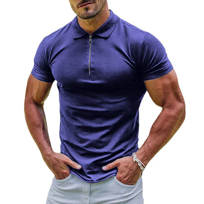 maoxiangshop New Elastic Polos Solid Color Shirt Men's Sports Tshirt Zipper Short Sleeve Slim T-shirt Casual Gym Loose Lapel Basic Tops