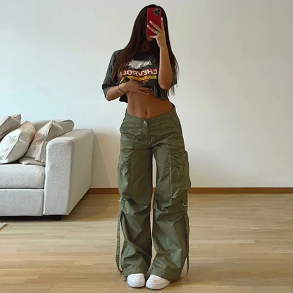 Rockmore Cargos Style Parachute Pants Low Waist Women Joggers Harajuku Pockets Baggy Wide Leg Trousers y2k Streetwear Casual