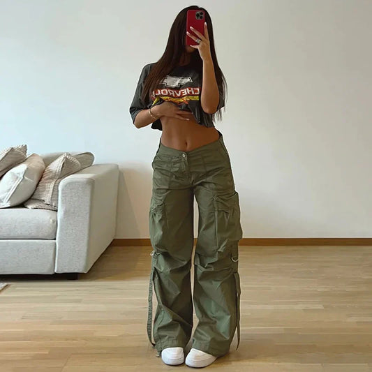 Rockmore Cargos Style Parachute Pants Low Waist Women Joggers Harajuku Pockets Baggy Wide Leg Trousers y2k Streetwear Casual