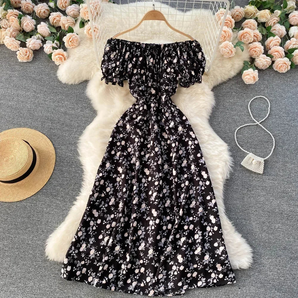 maoxiangshop Women Floral Dress Bohemian A-Line Slash Neck Short Sleeves Dress Summer Vintage Beach off Shoulder Polka Dot Sundress