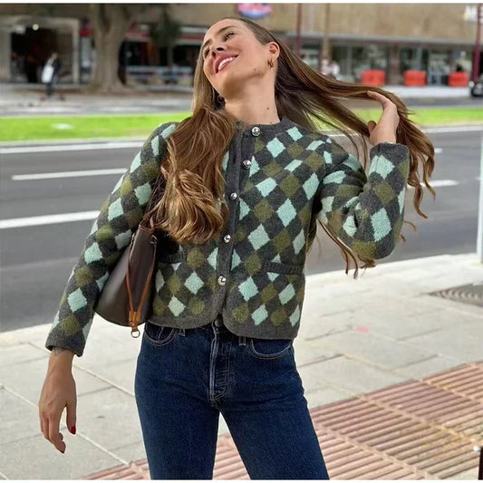 maoxiangshop  -  Elegant Plaid Knitted Cardigan Women Casual O-neck Long Sleeve Single Breasted Female Sweater 2024 Autumn Pocket Lady Knitwear