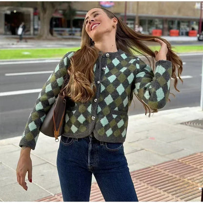 maoxiangshop  -  Elegant Plaid Knitted Cardigan Women Casual O-neck Long Sleeve Single Breasted Female Sweater 2024 Autumn Pocket Lady Knitwear
