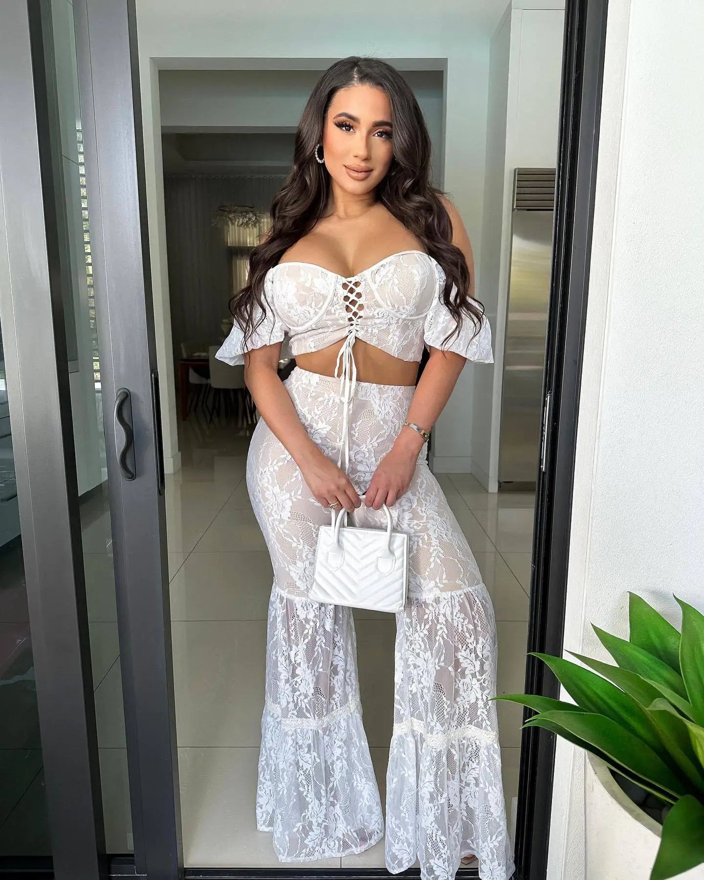 maoxiangshop Fashion Lace Women's Set Off Shoulder Lace Up Crop Top and Flare Pants Street Two 2 Piece Sets Outfit Tracksuit