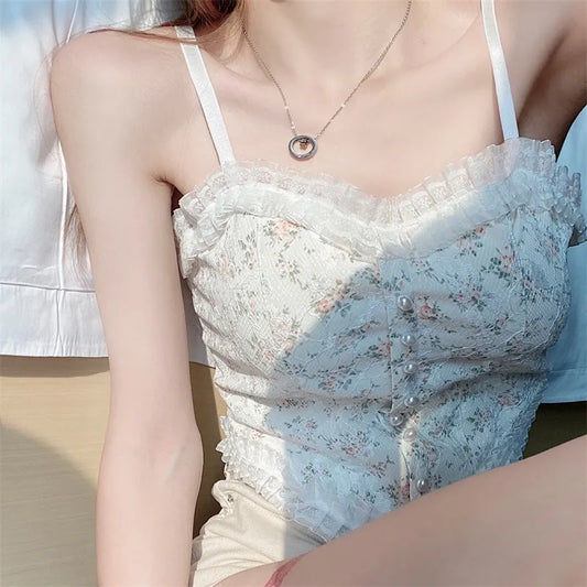 maoxiangshop-Lace Flower Print Cami Crop Tank Tops Summer Camisole Women's Tube Top Elegant Slim Short Tanks Vest Sexy Y2k Pearl