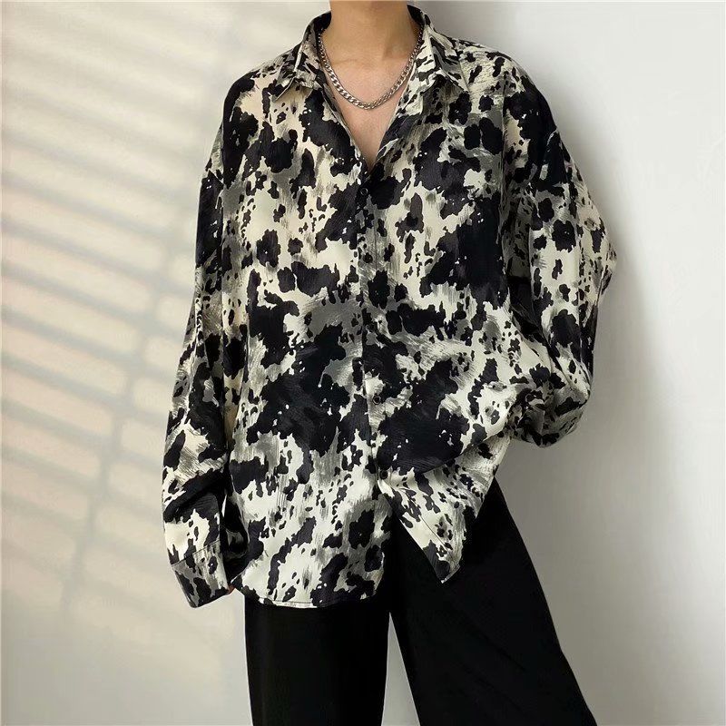 maoxiangshop Men's Clothing Turn-down Collar Handsome Long Sleeve Button Spring Summer Thin Man Printing Loose Streetwear Casual Korean