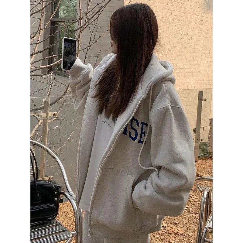 maoxiangshop Streetwear Zip Up Hoodies Women Oversized Letter Print Sweatshirt Harajuku Korean Plus Fleece Thick Casual All Match Tops