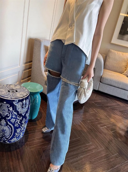 maoxiangshop -  Chic Diamond Design Blue Distressed Relaxation of Tall Waist Wide Legged Pants Women 2024 Spring Autumn Hollow Out Ladies Jeans