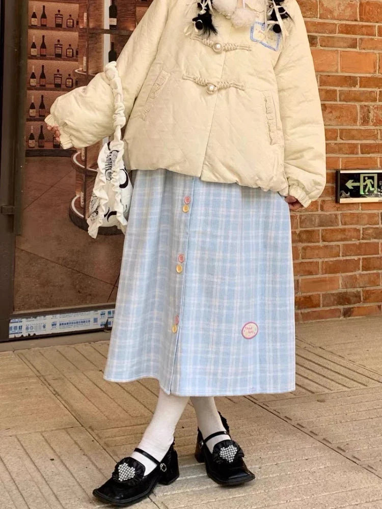 maoxiangshop Kawaii Plaid Skirt Women Winter Elastic Waist A-line Button Patchwork Cute Blue Woolen Long Skirt Harajuku Fashion