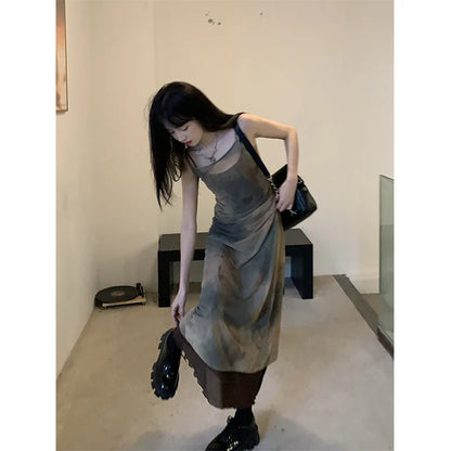 Vintage Tie Dye Mesh Dress Women Y2K Print Tulle Spaghetti Strap A Line Midi Dresses Korean Gothic Slim Sundress Vestidos