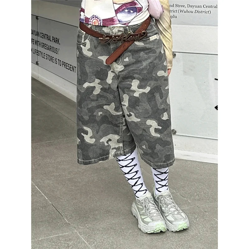 Womens Short Summer Camouflage High Waist Jeans Y2K Straight Calf-Length Pants Trousers Streetwear Vintage Wide Leg Denim Shorts