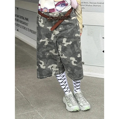 Womens Short Summer Camouflage High Waist Jeans Y2K Straight Calf-Length Pants Trousers Streetwear Vintage Wide Leg Denim Shorts