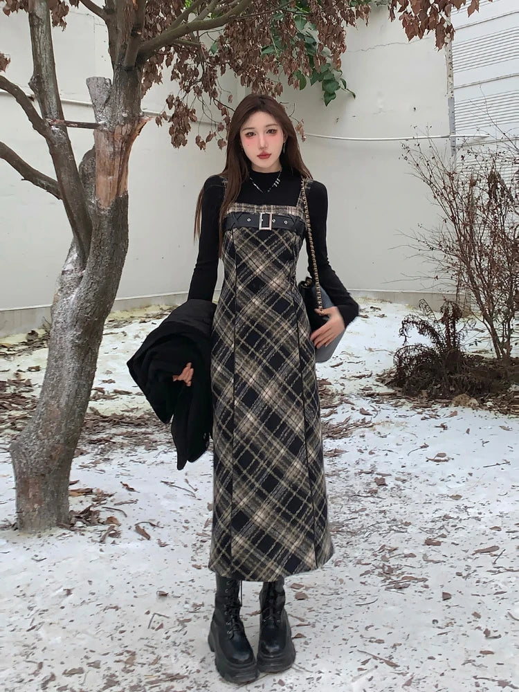 Autumn Elegant Plaid  2 Piece Dress Set Women Outwear Casual Black Blouse + Vintage Slim Strap Dress Korean Fashion Suit