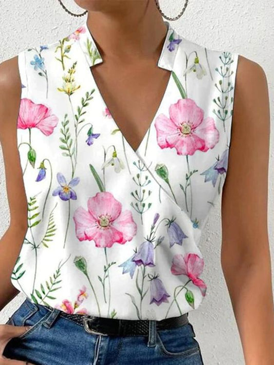 maoxiangshop Fashion V-neck Sleeveless Blouse Floral Print Tank Top Femme Summer Casual Office Vintage Women Tops And Blouses Plus Size