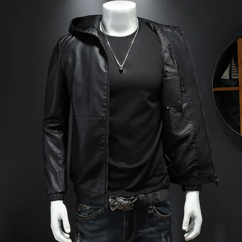 maoxiangshop Hooded PU Jackets Men Biker Jacket Spring Autumn Leather Jacket Coat Male Fashion Casual Black PU Leather Coat Big Size 5XL