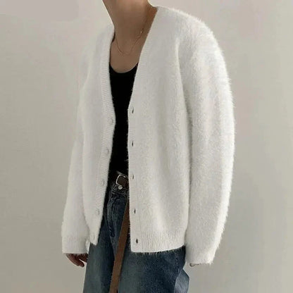 maoxiangshop Men Sweaters Solid Color Plush V Neck Long Sleeve Casual Cardigan Men Streetwear Fashion Leisure Knitted Outerwear