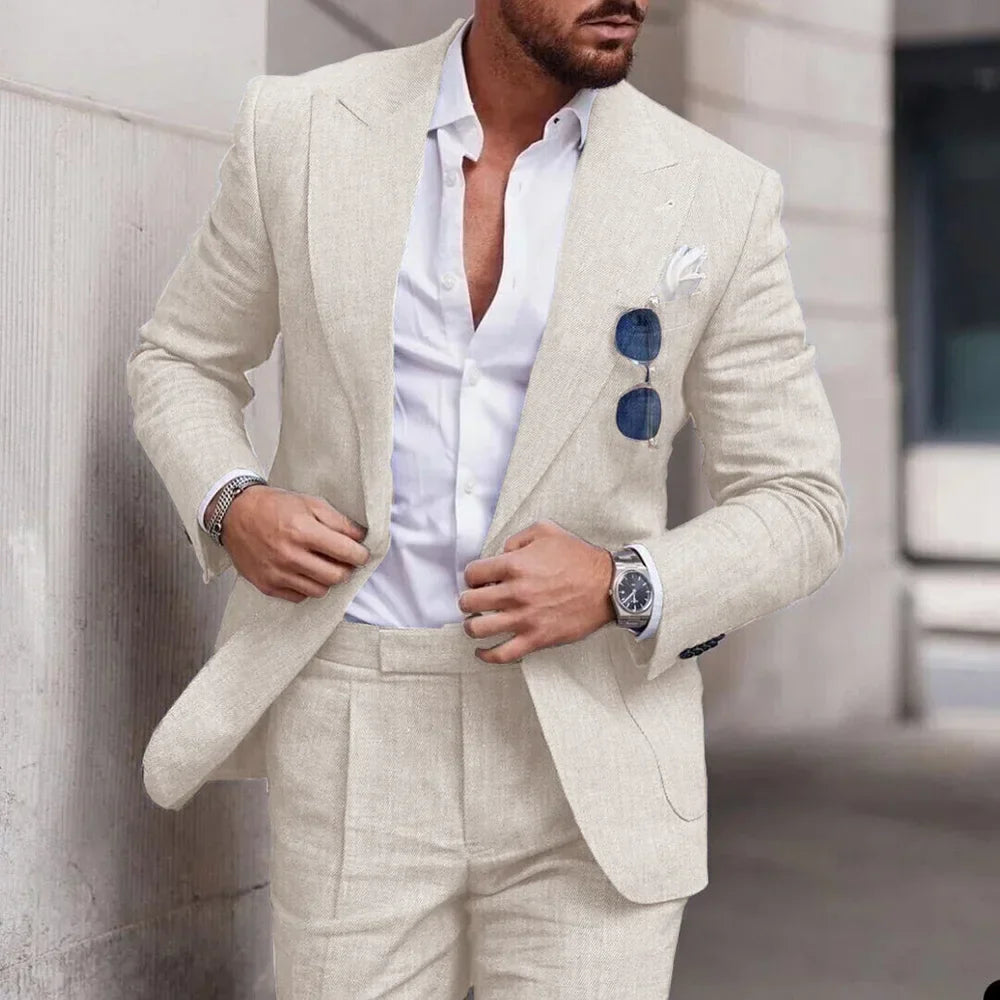 maoxiangshop Fashion Linen Suits for Men Chic Peak Lapel Double One Button Male Suit Slim Fit Business Casual Wedding Tuxedo 2 Piece Costume