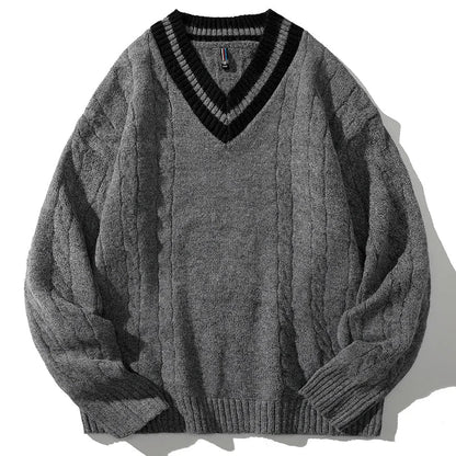 Matching V-neck Section Men's Knitted Sweater Ribbed Hem Fashion Splicing Pullover Korean Loose Autumn Knit Sweater