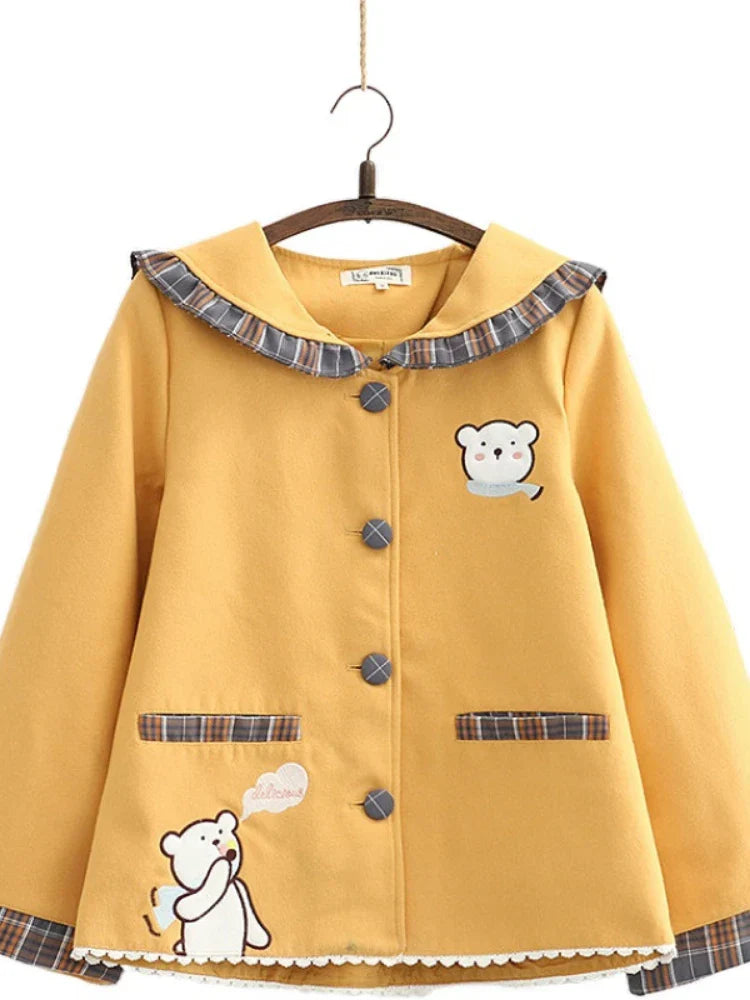 Women Jackets Cartoon Bear Embroidery Single Breasted Coat Autumn Winter Flare Sleeve Sailor Collar Sweet Style Outwears