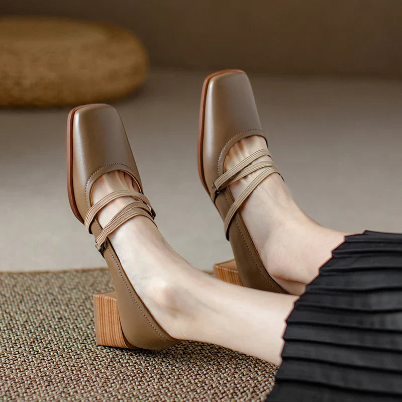 maoxiangshop -  Spring/Autumn Fashion Women Shoes SquareToe Chunky Heel Shoes Women Cow Leather Med Heel Women Pumps Solid Retro Mary Janes