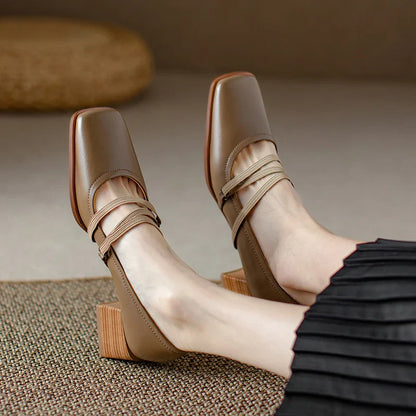 maoxiangshop -  Spring/Autumn Fashion Women Shoes SquareToe Chunky Heel Shoes Women Cow Leather Med Heel Women Pumps Solid Retro Mary Janes