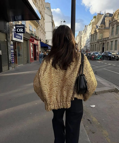 maoxiangshop  -  Women's Sequined Bomber Jacket Fall O Neck Long Sleeve Pocket Stretch Hem Sequins Jacket Coat Female Chic Outerwear