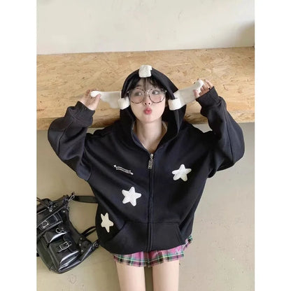maoxiangshop Lazy and Cute Star Wing Hoodie for Women in Autumn and Winter American Retro Niche Couple Versatile Loose Hooded Oversized Top