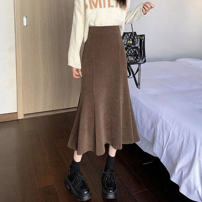 maoxiangshop Corduroy Long Mermaid Skirt Woman Autumn Winter Ruffles High Waist Midi Skirts Women Korean Back Elastic Black Skirts