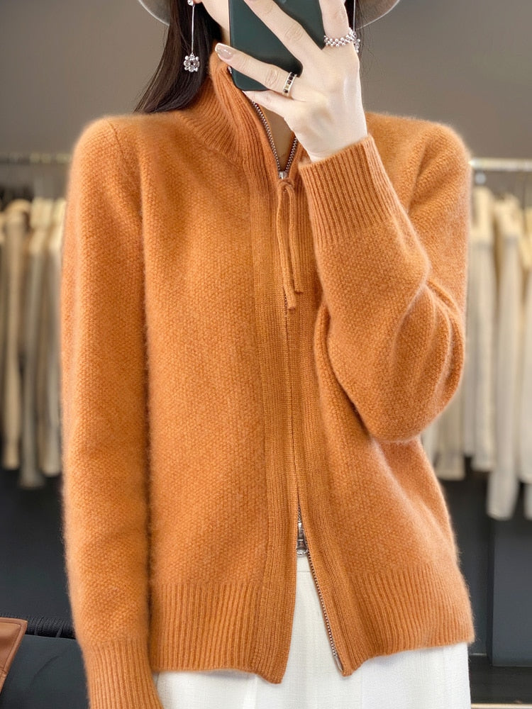 Women's 100% Merino Wool Knitting Sweater Clothing Autumn/Winter Casual Loose Top Fashion Korean Cashmere Large Zipper Jacket